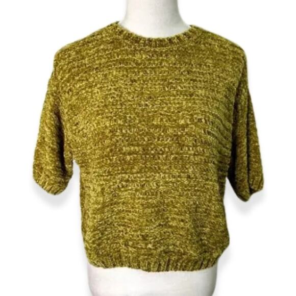 Open Edit Sweater Short Sleeve Crop Jumper Loose Knit Green Gold W Medium NWT - Picture 2 of 10